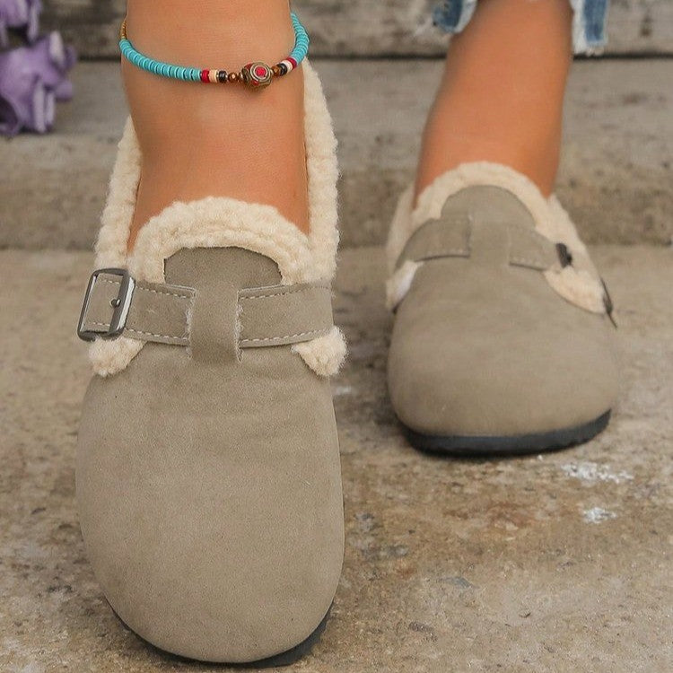 Women Fleece-Lined Suede-Look Slippers with Teddy Collar, Adjustable Buckle Strap and Non-Slip Profile Sole Mune Fashion