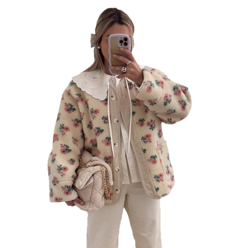 Women's teddy fleece jacket with floral print, cord placket, patch pockets, and oversized lace collar Mune Fashion