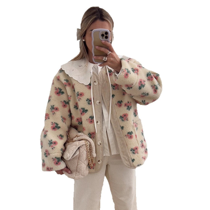 Women's teddy fleece jacket with floral print, cord placket, patch pockets, and oversized lace collar Mune Fashion