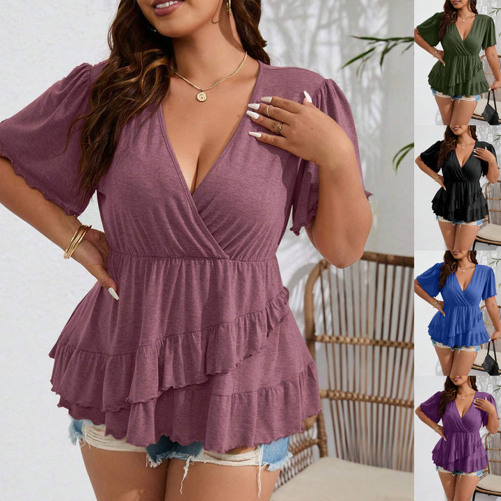 Women's wrap shirt with V-neck, gathered waist and layered ruffles Mune Fashion