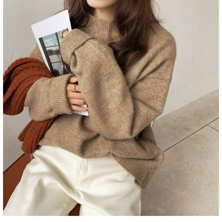 Women's Casual Cozy Fine Knit Sweater with Stand-up Collar and Extended Cuffs Mune Fashion