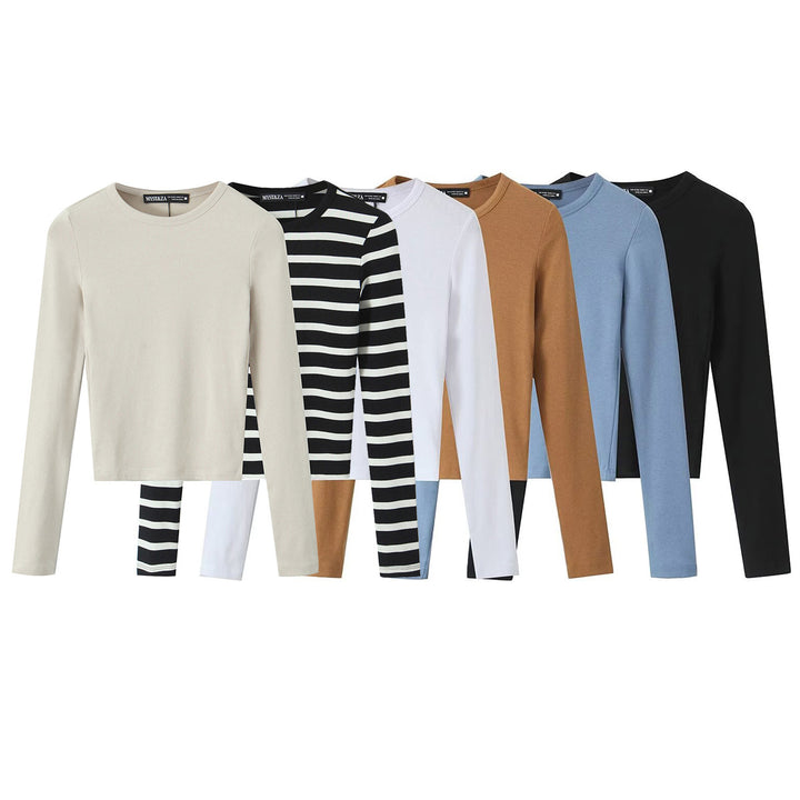 Women Striped Cropped Long Sleeve Shirt with Round Neckline Mune Fashion