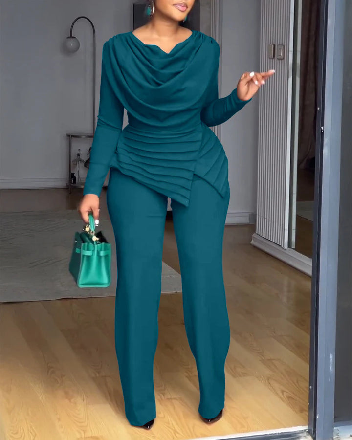 Women's Two-Piece Set with Waterfall Draped Top, Tiered Peplum and Straight Pleated Trousers Drune