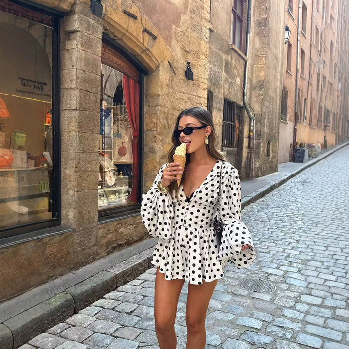 Women’s Short Polka-Dot Dress with Deep V-Neck, Balloon Sleeves and Button Placket Mune Fashion