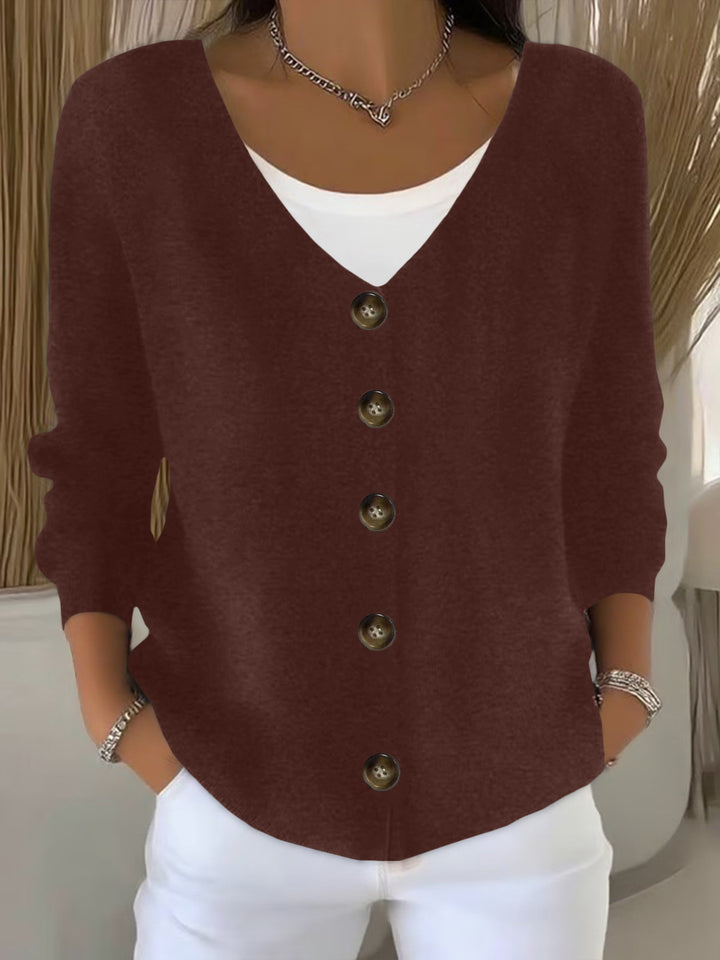 Women Loose V-Neck Fine Knit Cardigan with Wooden Button Placket Mune Fashion