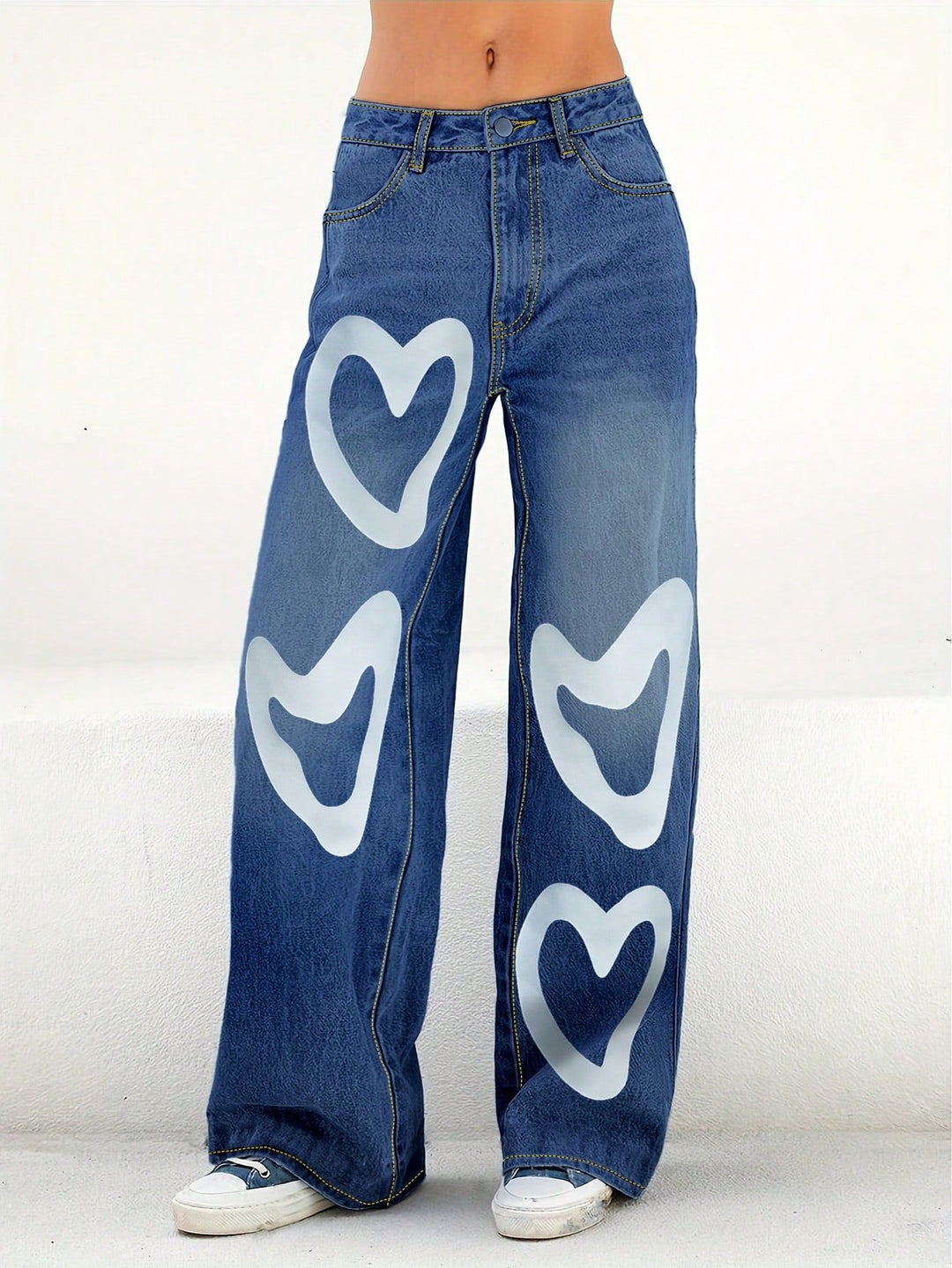 Ladies High-Waist Wide-Leg Jeans with large heart print Mune Fashion