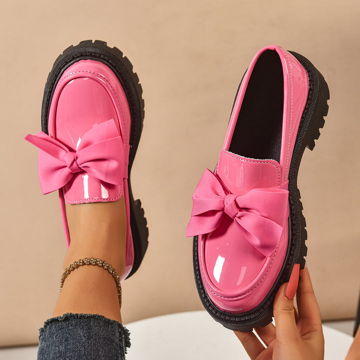 Women's Shiny Platform Loafers with Oversized Decorative Bow and Chunky Profile Sole Mune Fashion