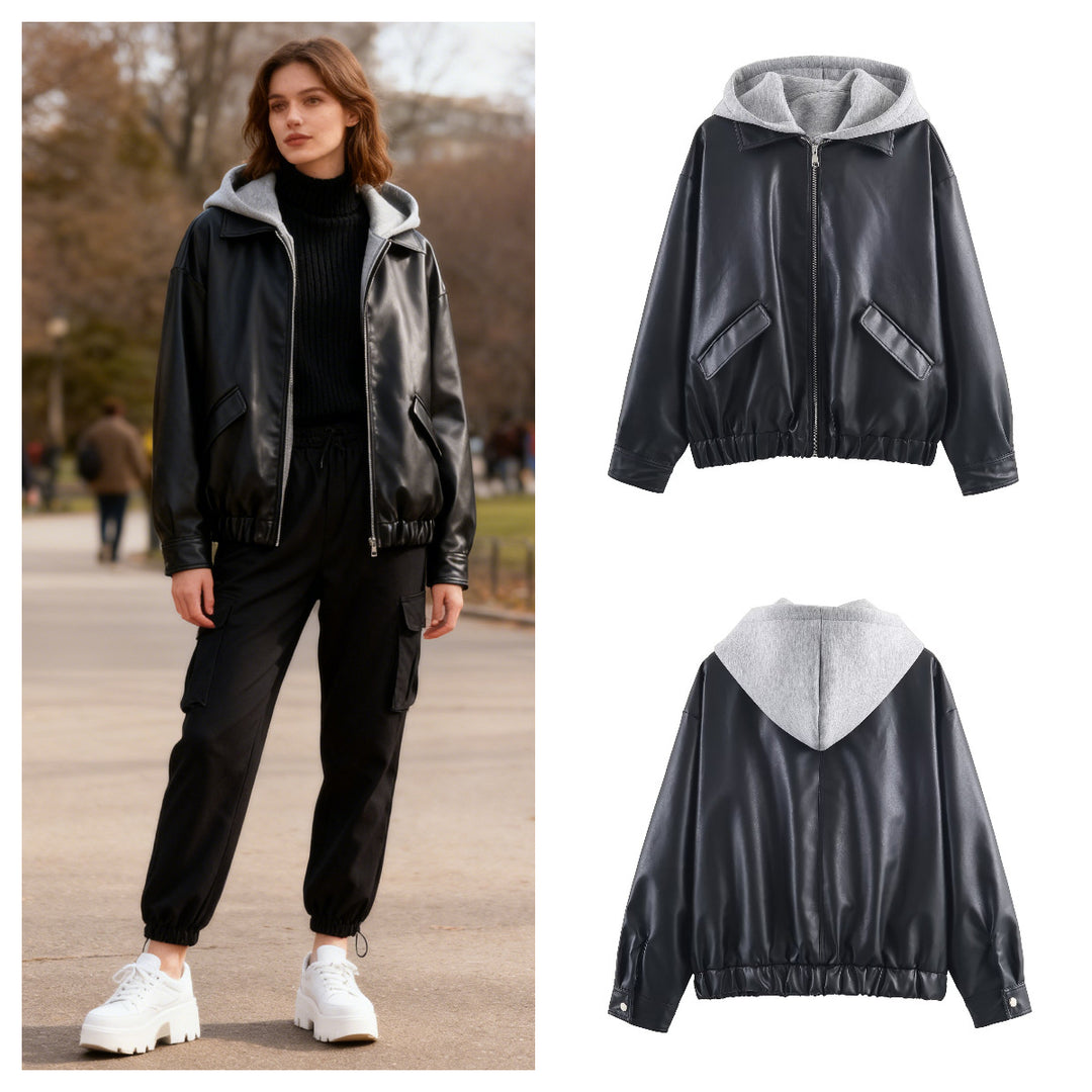 Women's Faux Leather Bomber Jacket with Contrasting Hood in Sweatstyle and Elastic Hem Mune Fashion