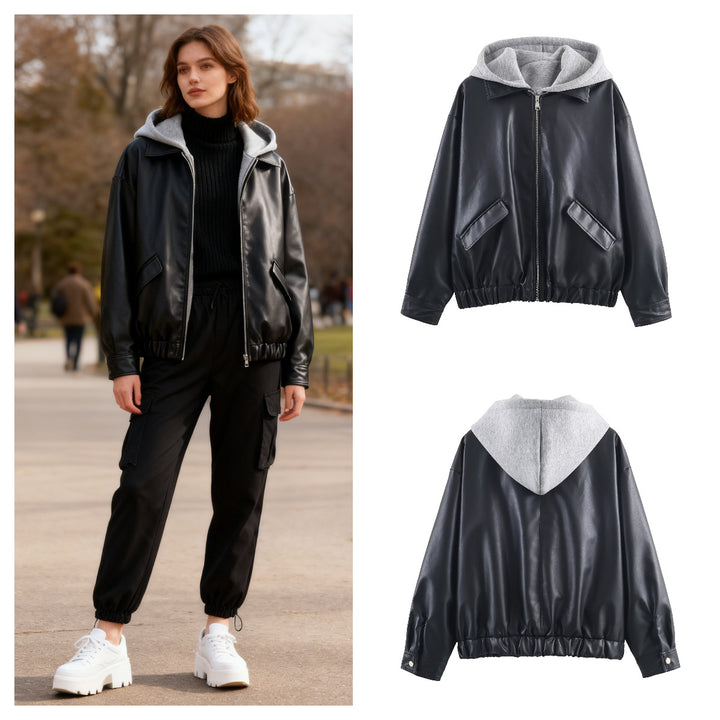 Women's Faux Leather Bomber Jacket with Contrasting Hood in Sweatstyle and Elastic Hem Mune Fashion