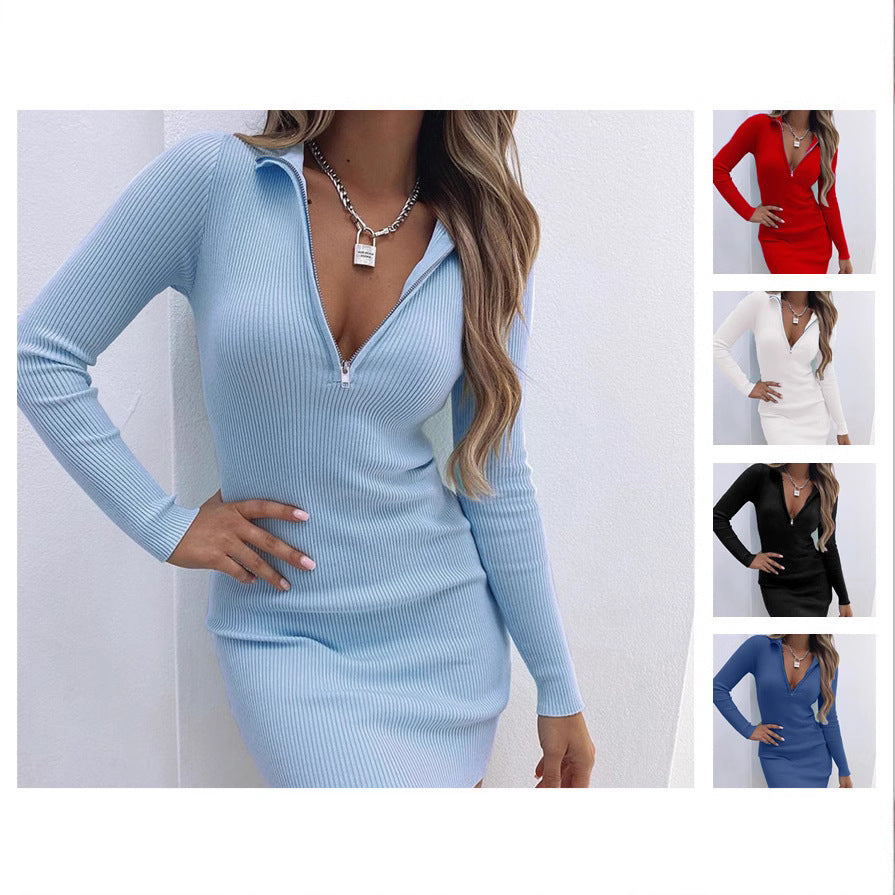 Women Form-Fitting Mini Dress with High-Neck Zipper Mune
