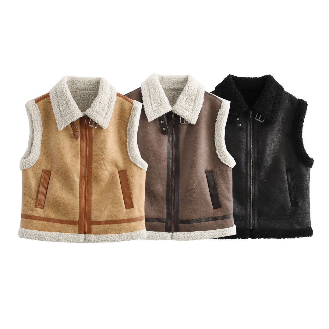 Women nan padded lambskin imitation vest with large Sherpa collar, zipper and side pockets Mune Fashion