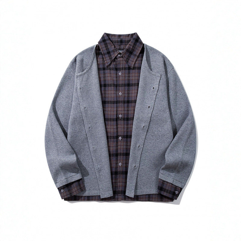 Unisex Layering Set made of checked blouse and open knit cardigan Mune Fashion