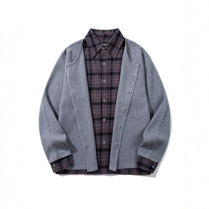 Unisex Layering Set made of checked blouse and open knit cardigan Mune Fashion