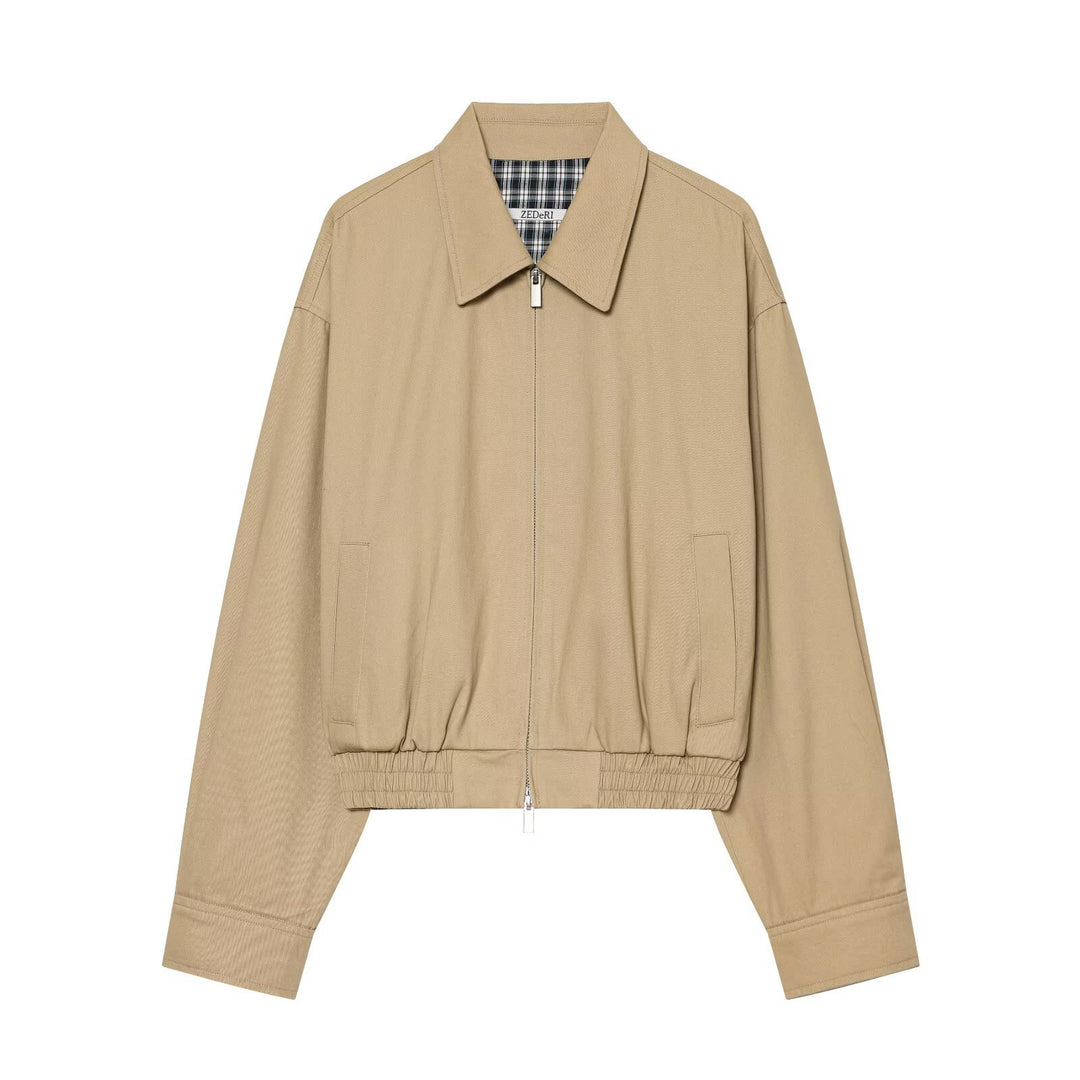 Women's short jacket with zipper, elastic hem, and checked lining Mune Fashion