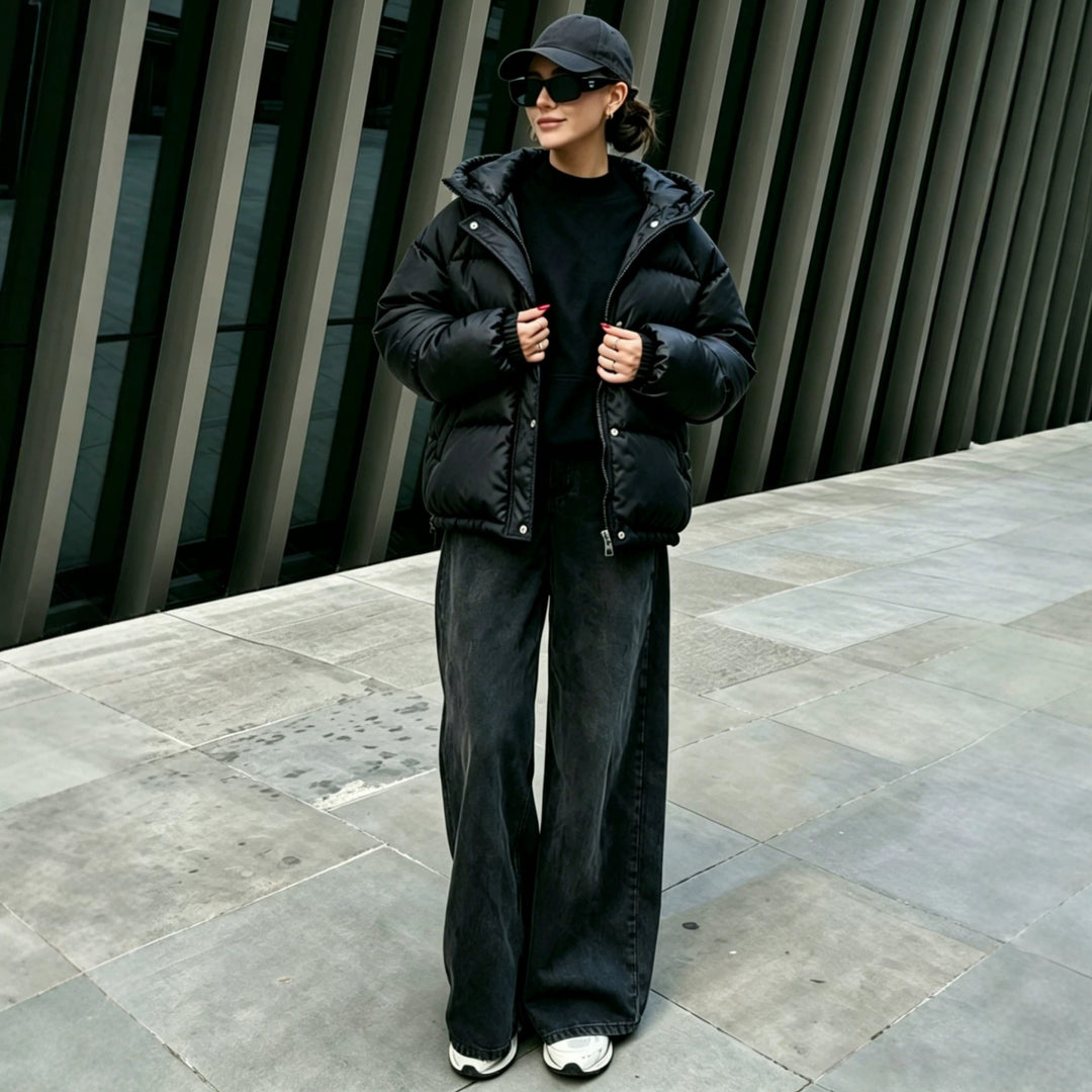 Women's Oversized Quilted Coat with Hood, Snap Button Closure and Elastic Hem Mune Fashion