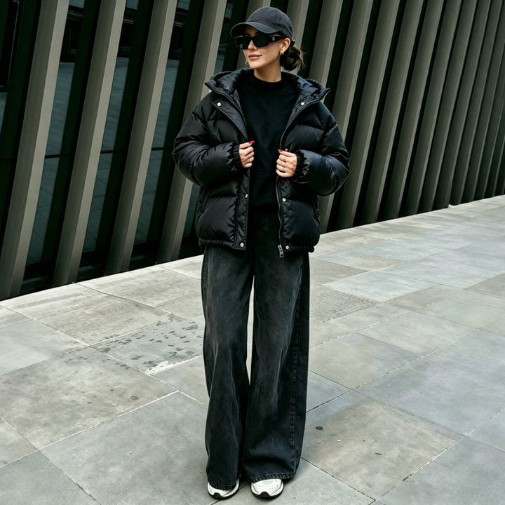 Women's Oversized Quilted Coat with Hood, Snap Button Closure and Elastic Hem Mune Fashion