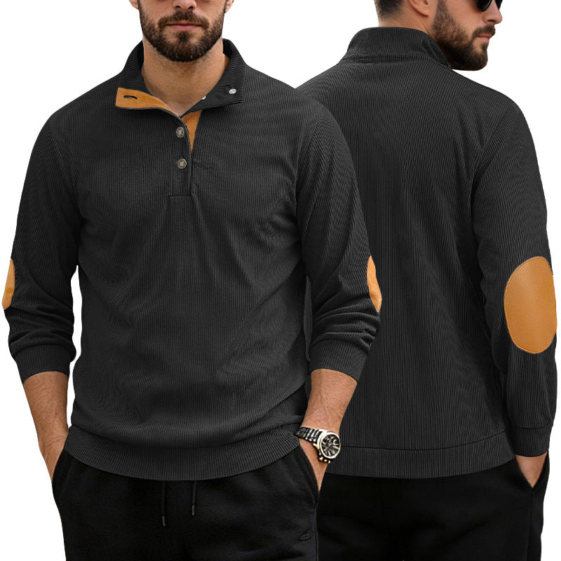 Men's casual structured sweater with polo collar, short button placket and vegan leather trims Mune Fashion
