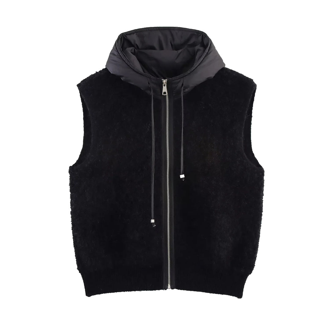 Women's Sleeveless Boucle Vest with Zipper, Padded Hood and Ribbed Hem Mune Fashion