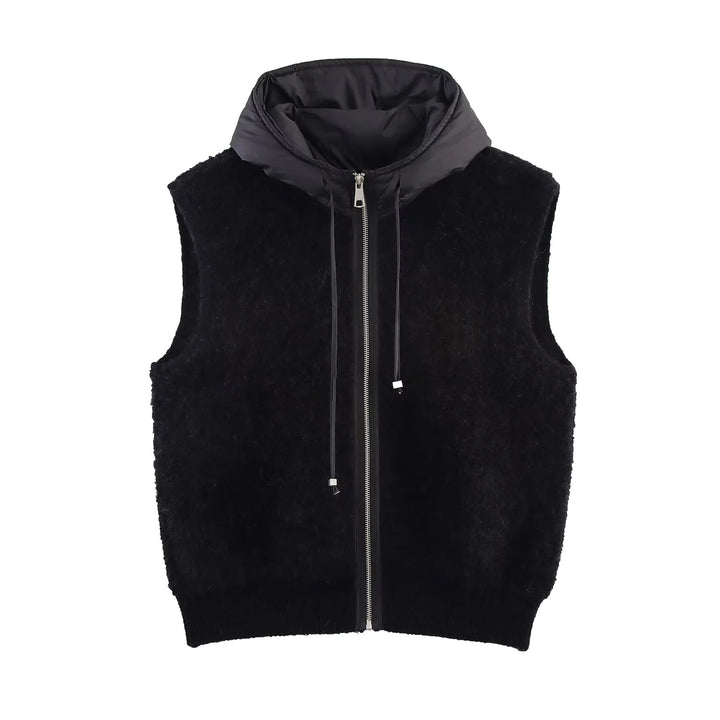 Women's Sleeveless Boucle Vest with Zipper, Padded Hood and Ribbed Hem Mune Fashion