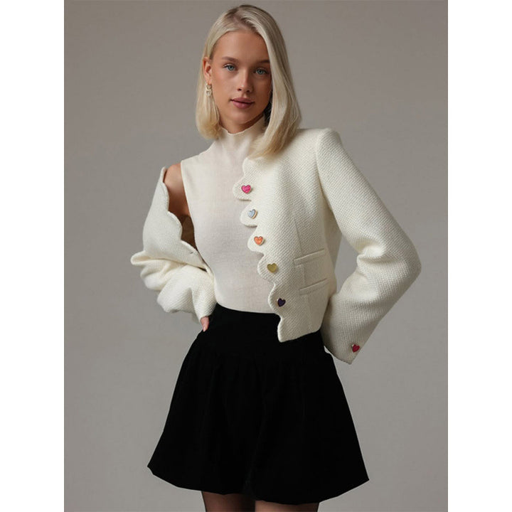 Women's Bouclé Cropped Blazer with Sculptural Shoulder and Wavy Button Placket Mune Fashion
