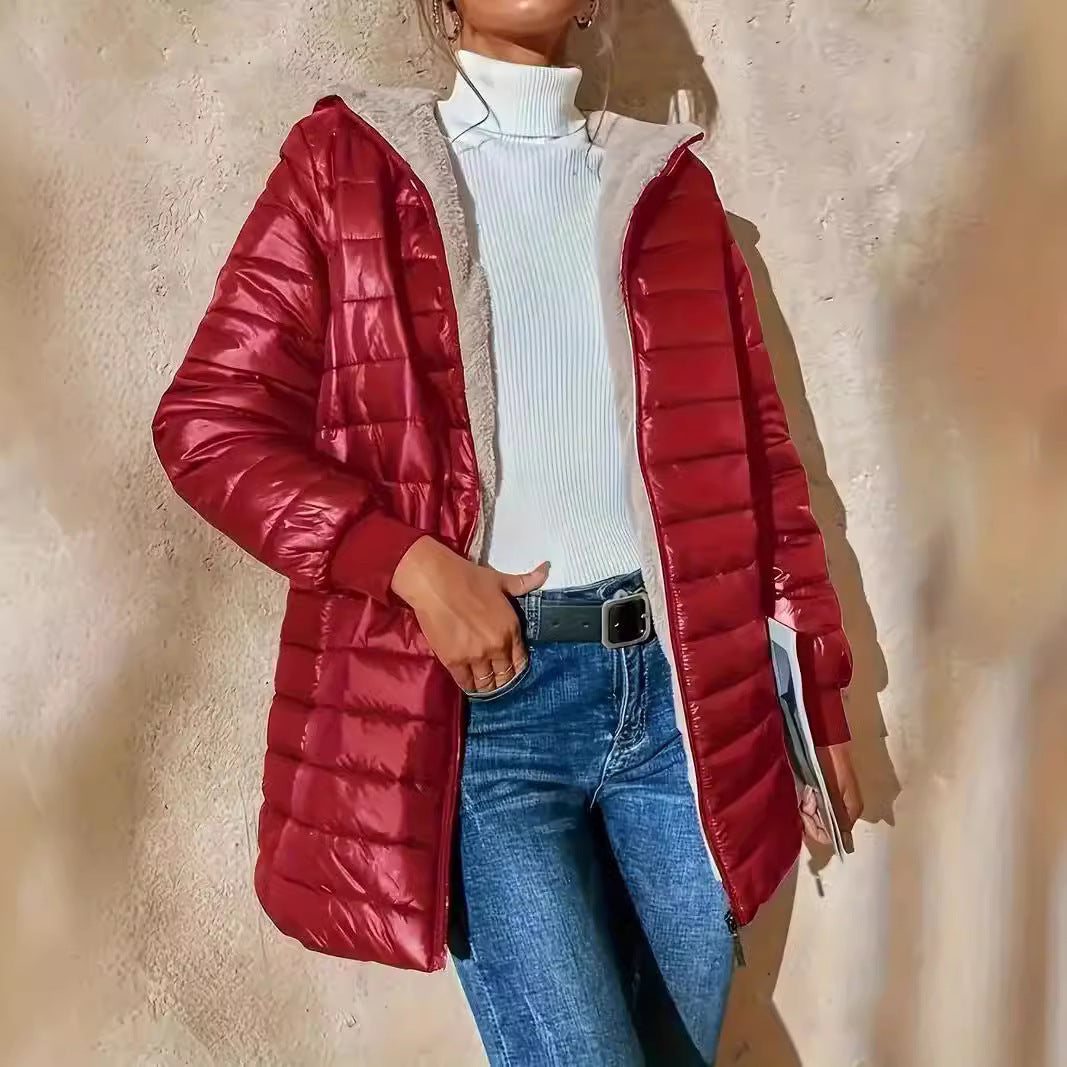Women Long Padded Coat with Teddy Lining and Hood Mune Fashion