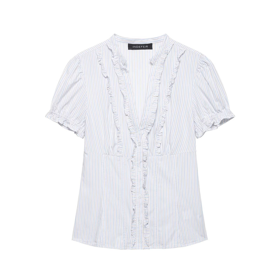 Women's ruffled blouse with V-neck, puff sleeves, and fitted cut Mune Fashion