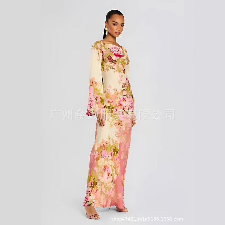 Women's long evening dress with trumpet sleeves and floral pattern Mune Fashion