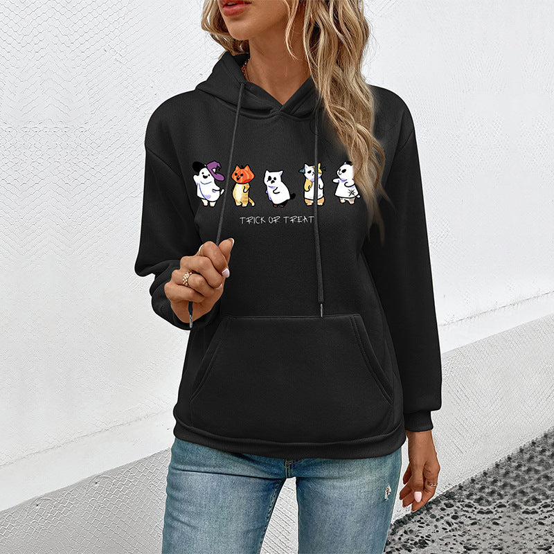 Women's hoodie with cartoon cat motif, kangaroo pocket and soft lining Mune Fashion