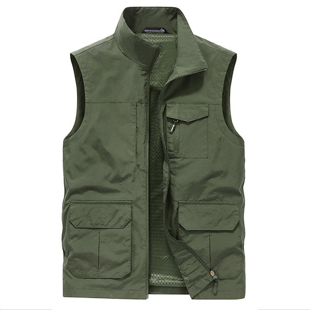 Men's Multi-Pocket Utility Vest with Zipper, Mesh Lining and Stand Collar Mune Fashion