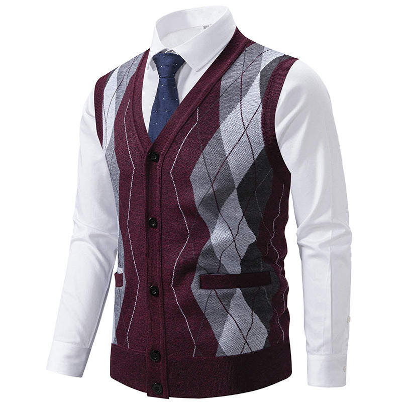 Men's sleeveless wool blend vest with V-neck, Argyle diamond pattern, welt pockets and button placket Mune Fashion