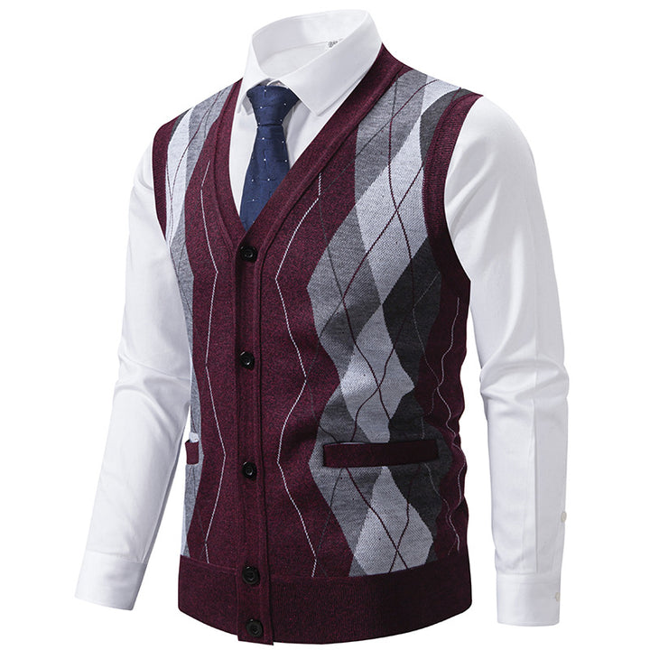 Men's sleeveless wool blend vest with V-neck, Argyle diamond pattern, welt pockets and button placket Mune Fashion