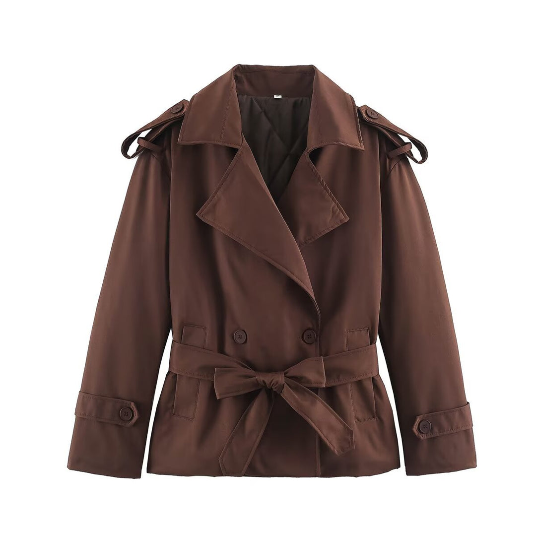 Women's Tailored Short Trench Coat with Tie Belt and Shoulder Patches Mune Fashion