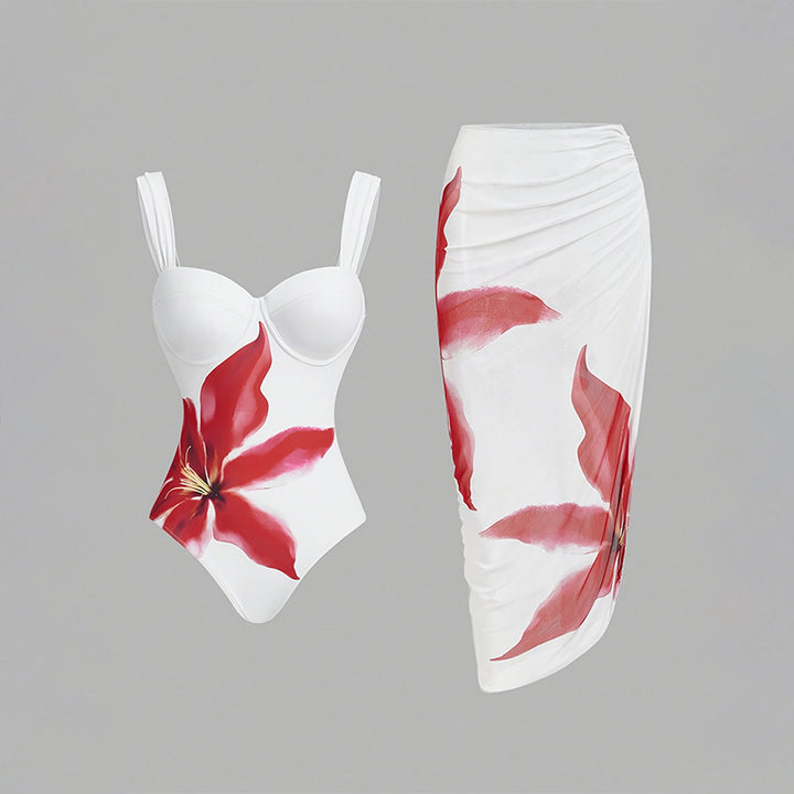 Women's elegant swimsuit with floral design and matching wrap skirt Mune Fashion