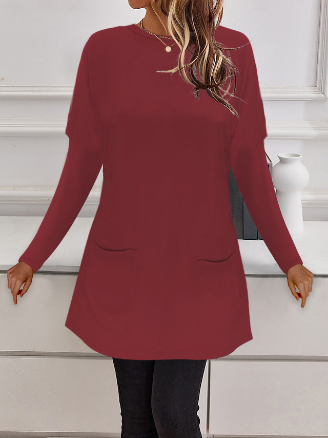 Women's Longline Fine Knit Tunic with Round Neckline and Patch Pockets Mune Fashion