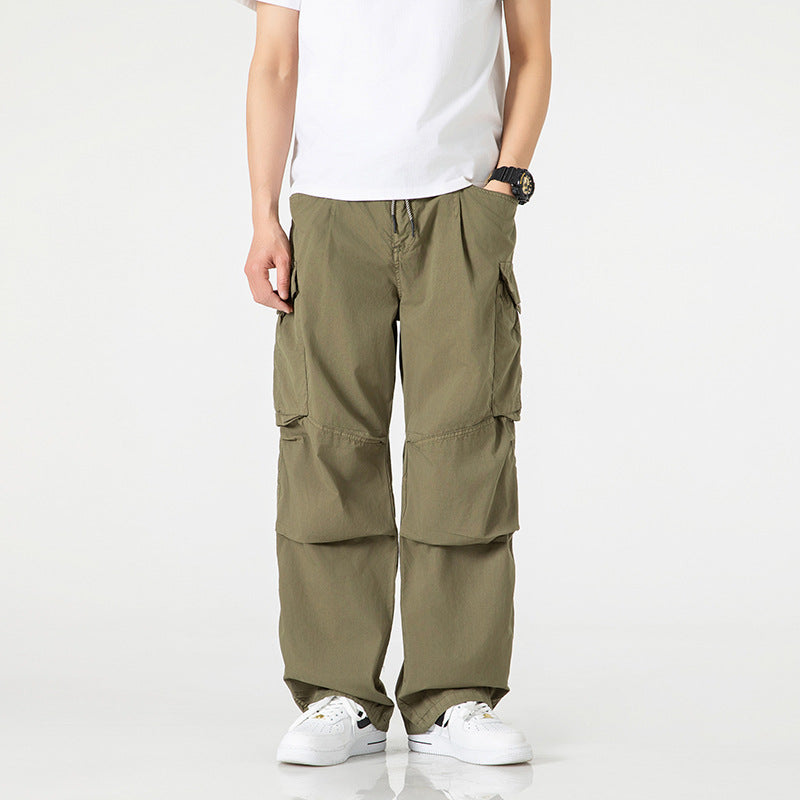 Men's Wide Cargo Pants with Drawstring Waistband, Multi-Functional Pockets and Split Knee Sections Drune