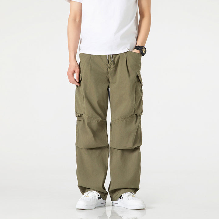 Men's Wide Cargo Pants with Drawstring Waistband, Multi-Functional Pockets and Split Knee Sections Drune