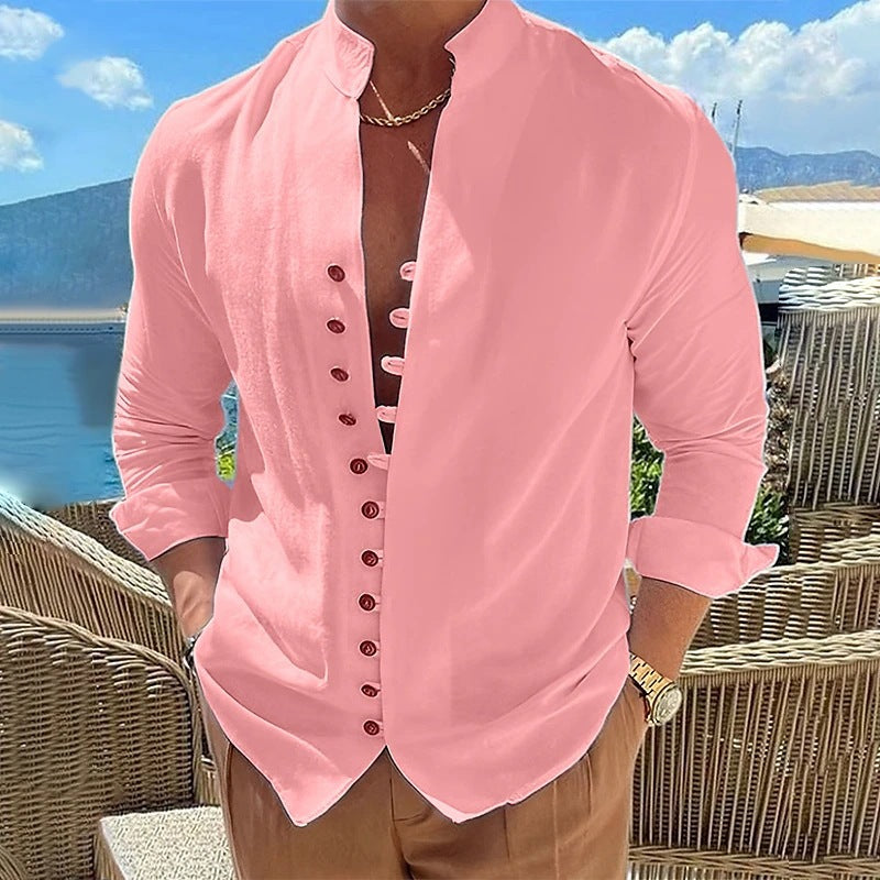 Men's linen look summer casual shirt with stand-up collar, decorative button placket, and roll-up sleeves Mune Fashion