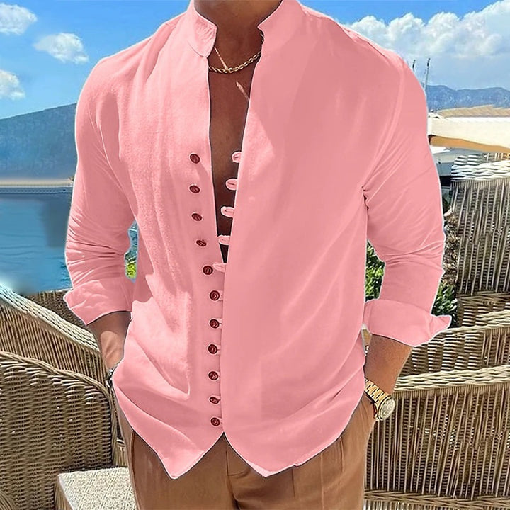 Men's linen look summer casual shirt with stand-up collar, decorative button placket, and roll-up sleeves Mune Fashion