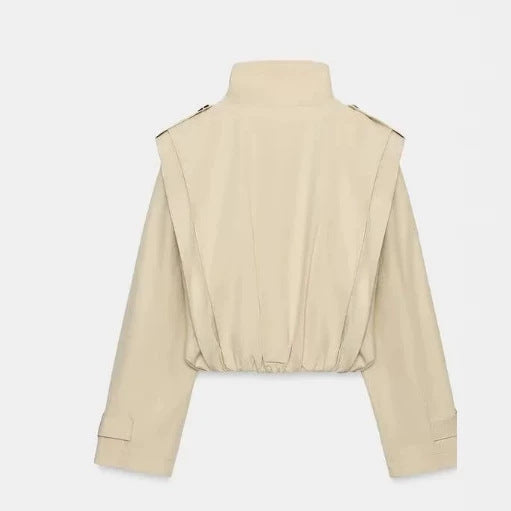 Women's Cropped Double-Breasted Trench Blouson with Stand Collar, Epaulettes, and Elastic Hem Mune Fashion