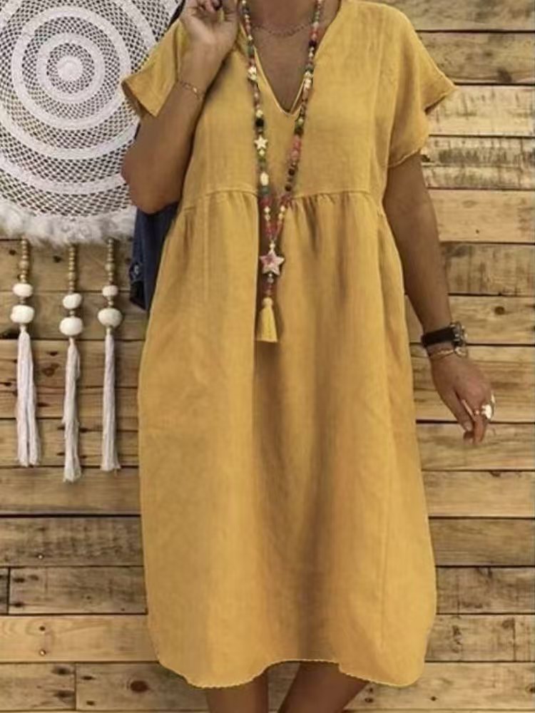 Women's Linen Maxi Dress with V-Neck and Ruffle Details Mune Fashion