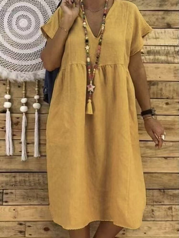 Women's Linen Maxi Dress with V-Neck and Ruffle Details Mune Fashion