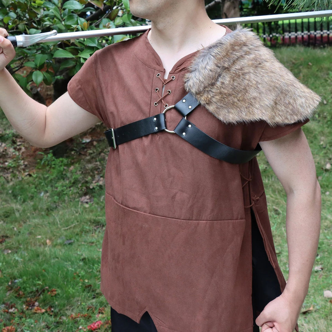 Men's asymmetrical shoulder harness with faux fur shoulder cape and adjustable leather straps Mune Fashion