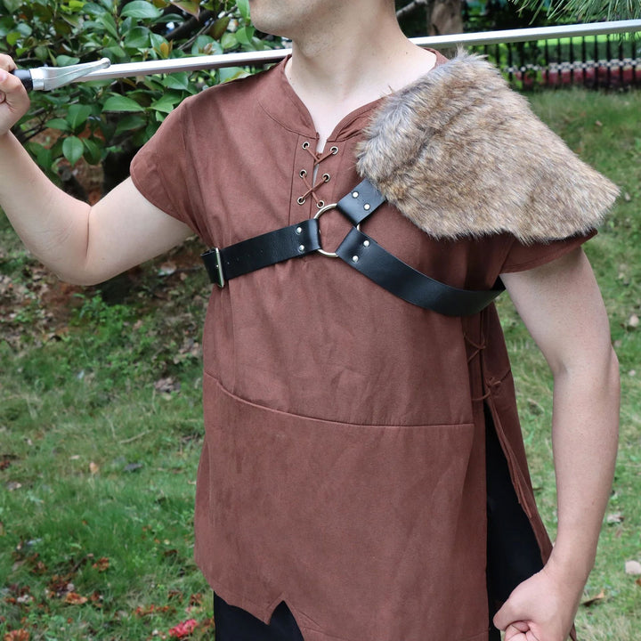 Men's asymmetrical shoulder harness with faux fur shoulder cape and adjustable leather straps Mune Fashion