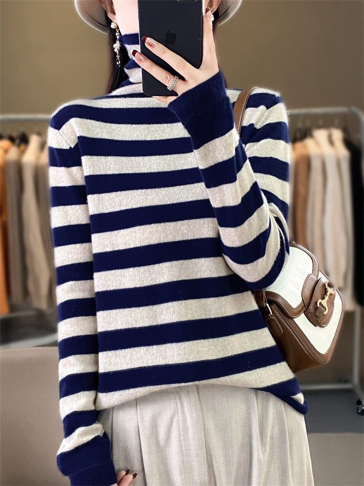 Women's Casual Striped Turtleneck Sweater made of Wool Blend with Relaxed Fit Mune Fashion