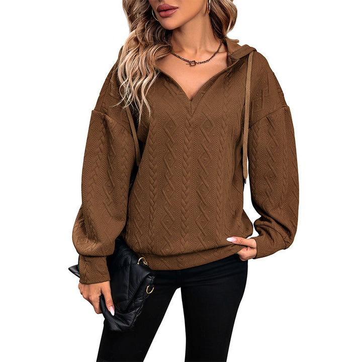 Women's Cozy Knit Sweater with V-Neck and Hood Mune Fashion