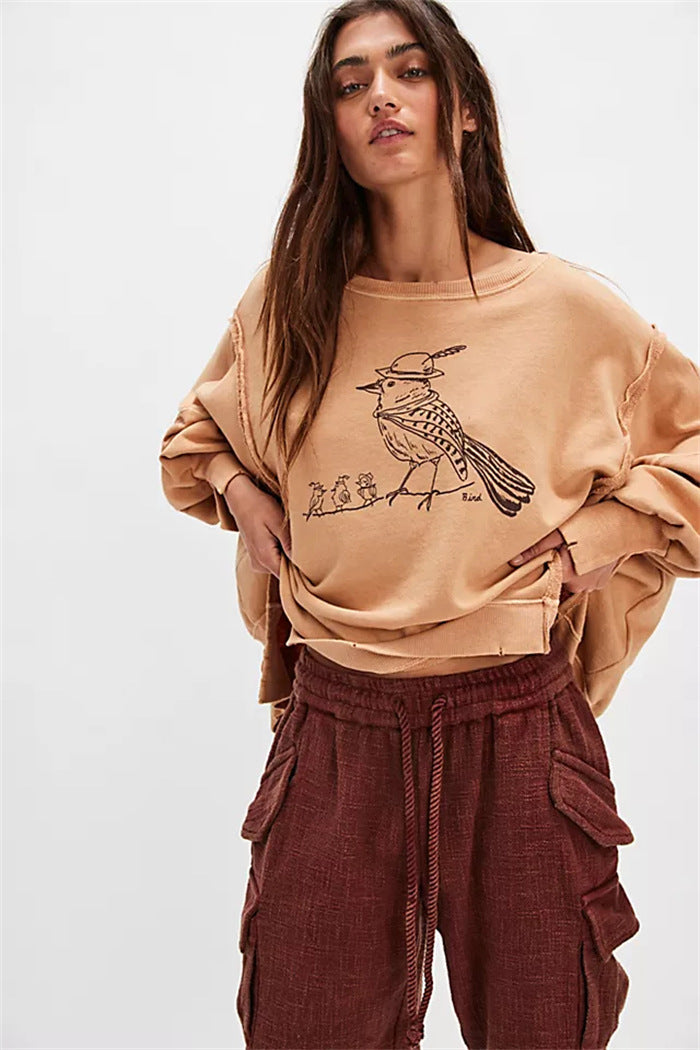 Women oversized sweatshirt with beet print, fringed seam accents and thumbhole sleeves Mune Fashion