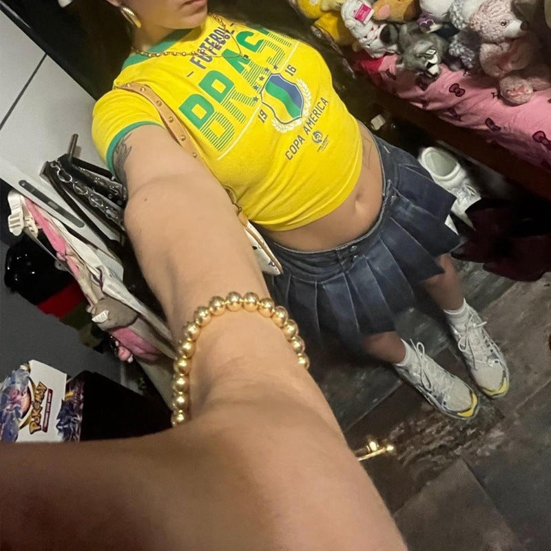 Ladies short fan t-shirt Brazil football with striking chest print and ribbed collar Mune Fashion