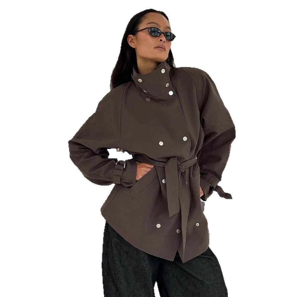Women's Tailorable Oversized Short Trench Coat with High Stand Collar, Snap Button Front and Belt Mune Fashion