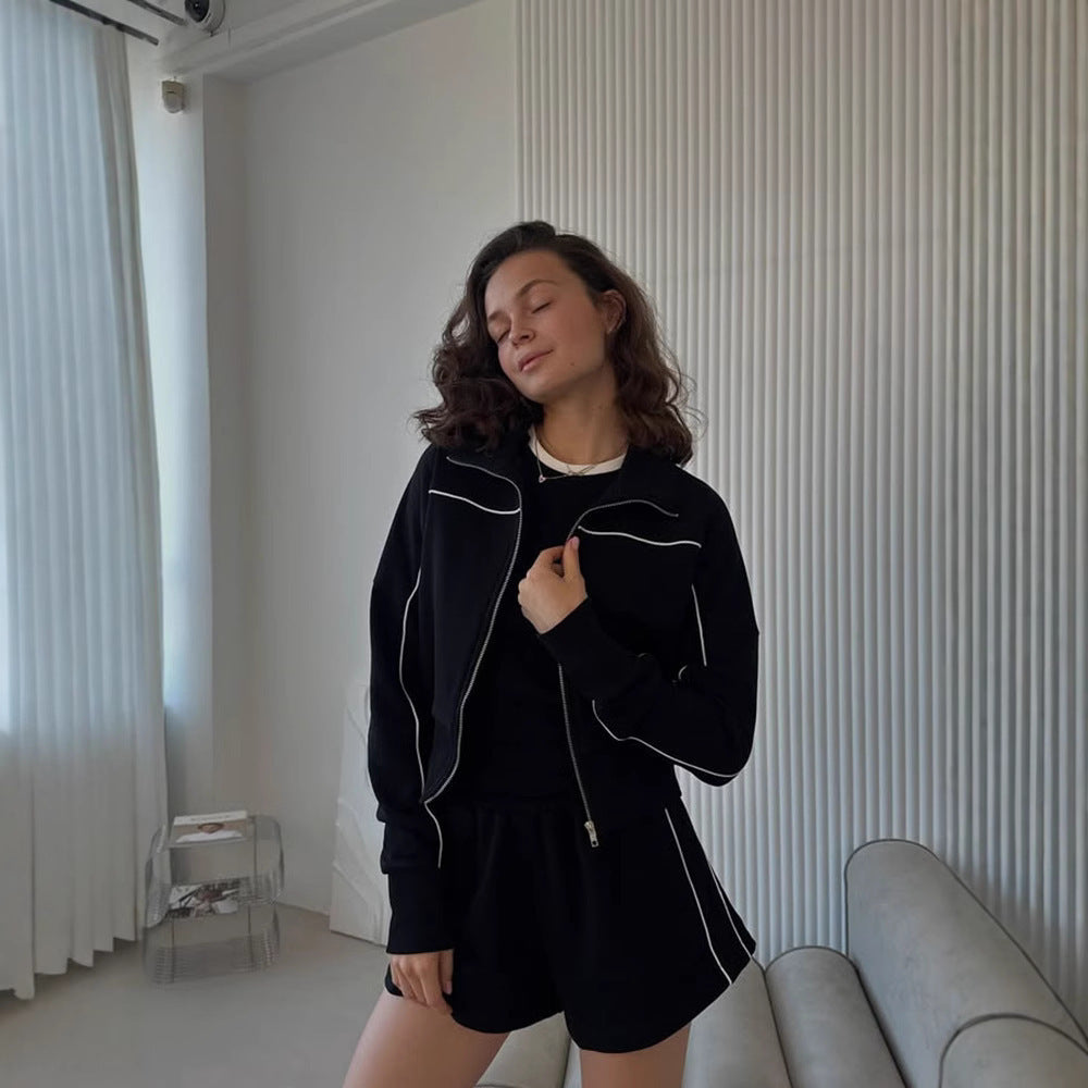 Women nan athletic two-piece with shaping sports bustier, tailored high-waist sweat shorts and zip hoodie Mune Fashion