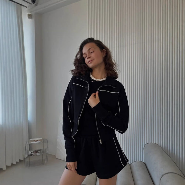 Women nan athletic two-piece with shaping sports bustier, tailored high-waist sweat shorts and zip hoodie Mune Fashion